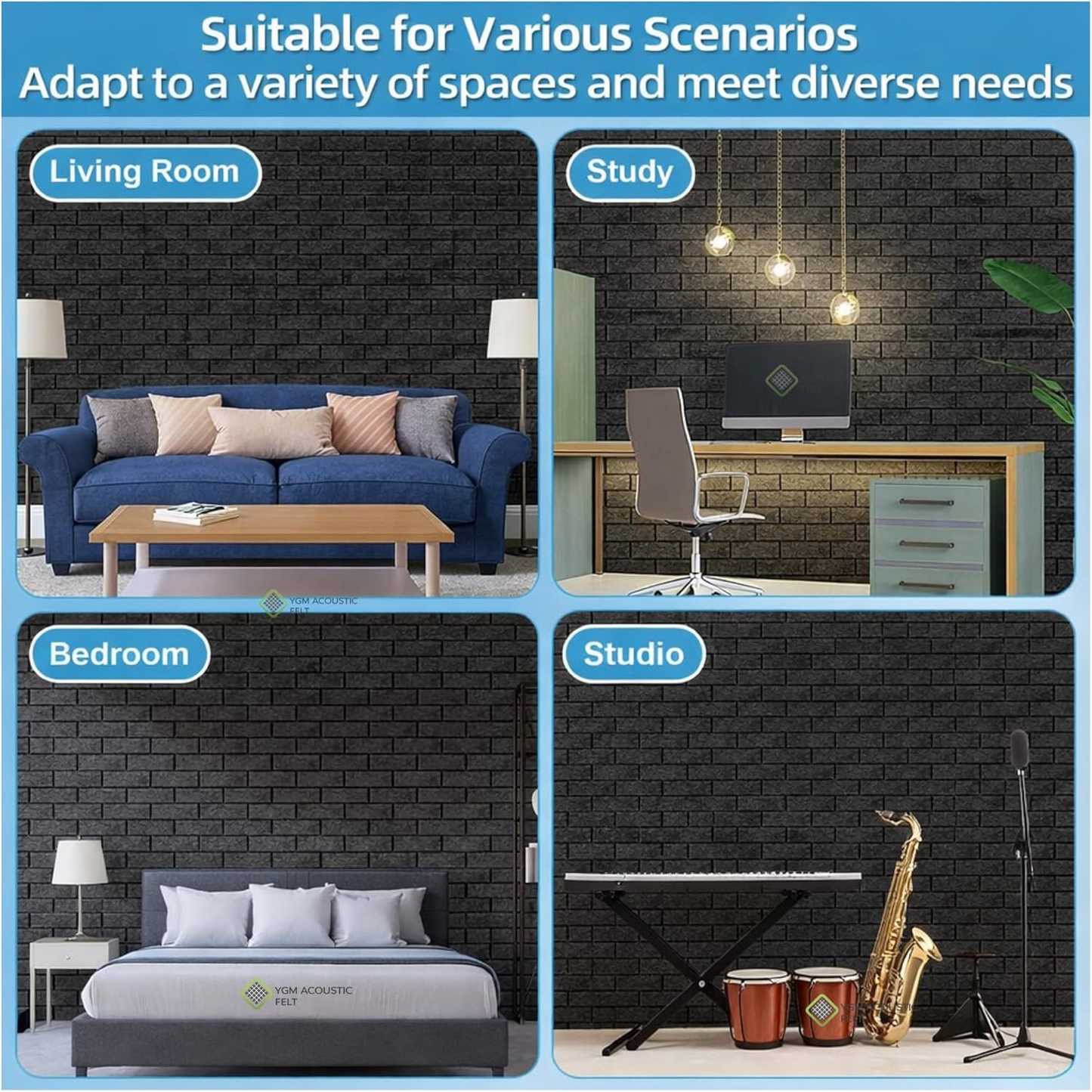 YGM Acoustic Foams® Luxury Brick Felt Acoustic Self Adhesive Panels, 10 MM Thick, Sound Absorbing Panels for Wall | Room Noise Reducer & Sound Dampening (Black)