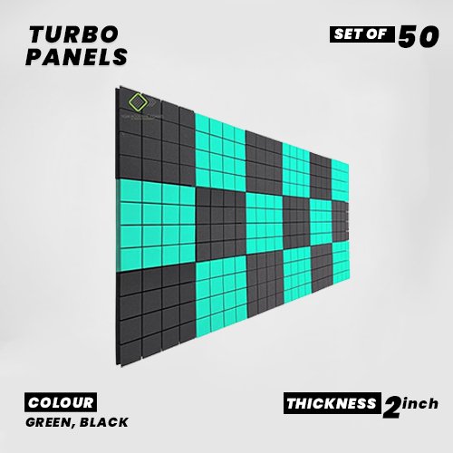 Turbo Panels - Set of 50 | 1 Sqft, 2" Thick | 50 Density Studio Noise Reduction, Echo Absorption | Premium Grade | 3D Structure with Grooves | 25 GREEN, 25 BLACK