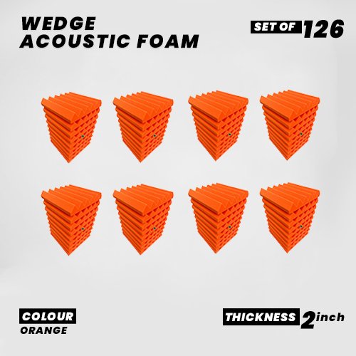 Wedge Panels - Set of 126 | 1 Sqft, 2" Thick | 50 Density Studio Noise Reduction, Echo Absorption | Premium Grade | 3D Structure | ORANGE