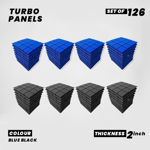 Turbo Panels - Set of 126 | 1 Sqft, 2" Thick | 50 Density Studio Noise Reduction, Echo Absorption | Premium Grade | 3D Structure with Grooves | 63 BLUE, 63 BLACK