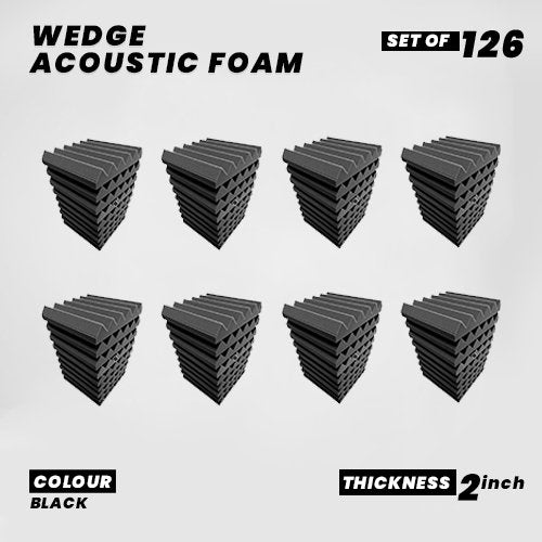 Wedge Panels - Set of 126 | 1 Sqft, 2" Thick | 50 Density Studio Noise Reduction, Echo Absorption | Premium Grade | 3D Structure | BLACK