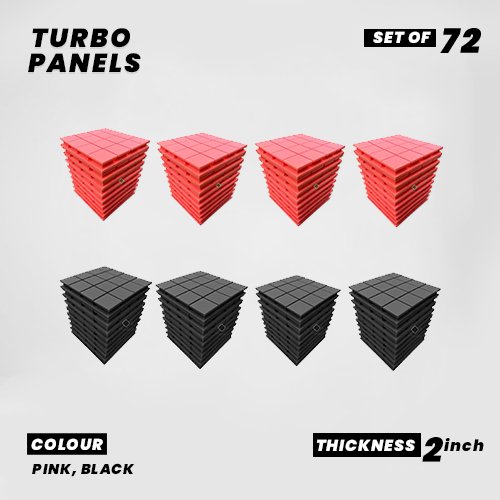 Turbo Panels - Set of 72 | 1 Sqft, 2" Thick | 50 Density Studio Noise Reduction, Echo Absorption | Premium Grade | 3D Structure with Grooves | 36 PINK, 36 BLACK