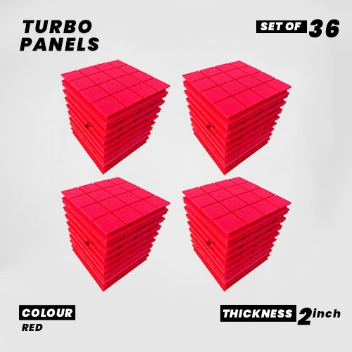 Turbo Panels - Set of 36 | 1 Sqft, 2" Thick | 50 Density Studio Noise Reduction, Echo Absorption | Premium Grade | 3D Structure with Grooves | RED