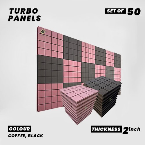 Turbo Panels - Set of 50 | 1 Sqft, 2" Thick | 50 Density Studio Noise Reduction, Echo Absorption | Premium Grade | 3D Structure with Grooves | 25 COFFEE, 25 BLACK