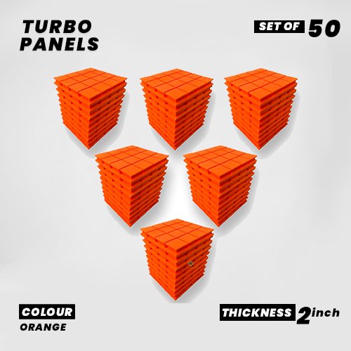 Turbo Panels - Set of 50 | 1 Sqft, 2" Thick | 50 Density Studio Noise Reduction, Echo Absorption | Premium Grade | 3D Structure with Grooves | ORANGE