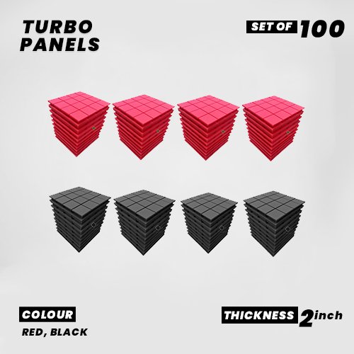 Turbo Panels - Set of 100 | 1 Sqft, 2" Thick | 50 Density Studio Noise Reduction, Echo Absorption | Premium Grade | 3D Structure with Grooves | 50 RED, 50 BLACK