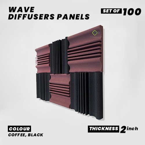 Wave Diffusers Panels - Set of 100 | 1 Sqft, 2" Thick | 50 Density | Premium Grade | 3D Structure Broadband Sound Absorber - Periodic Groove Structure | 50 COFFEE, 50 BLACK