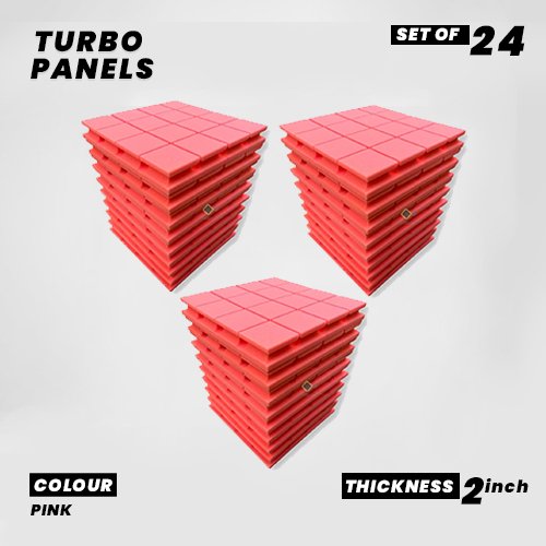 Turbo Panels - Set of 24 | 1 Sqft, 2" Thick | 50 Density Studio Noise Reduction, Echo Absorption | Premium Grade | 3D Structure with Grooves | PINK
