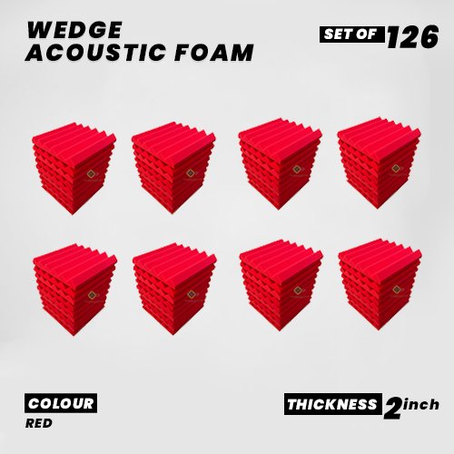 Wedge Panels - Set of 126 | 1 Sqft, 2" Thick | 50 Density Studio Noise Reduction, Echo Absorption | Premium Grade | 3D Structure | RED
