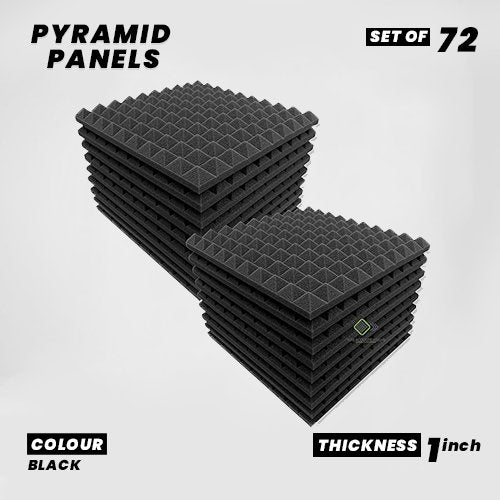 Pyramid Panels - Set of 72 | 1 Sqft, 1" Thick | 50 Density Studio Noise Reduction, Echo Absorption | Premium Grade | 3D Structure | BLACK
