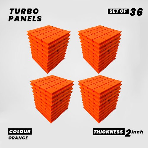 Turbo Panels - Set of 36 | 1 Sqft, 2" Thick | 50 Density Studio Noise Reduction, Echo Absorption | Premium Grade | 3D Structure with Grooves | ORANGE