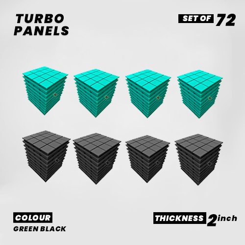 Turbo Panels - Set of 72 | 1 Sqft, 2" Thick | 50 Density Studio Noise Reduction, Echo Absorption | Premium Grade | 3D Structure with Grooves | 36 GREEN, 36 BLACK