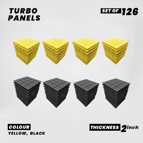 Turbo Panels - Set of 126 | 1 Sqft, 2" Thick | 50 Density Studio Noise Reduction, Echo Absorption | Premium Grade | 3D Structure with Grooves | 63 YELLOW, 63 BLACK