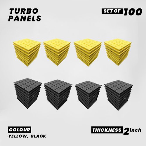 Turbo Panels - Set of 100 | 1 Sqft, 2" Thick | 50 Density Studio Noise Reduction, Echo Absorption | Premium Grade | 3D Structure with Grooves | 50 YELLOW, 50 BLACK