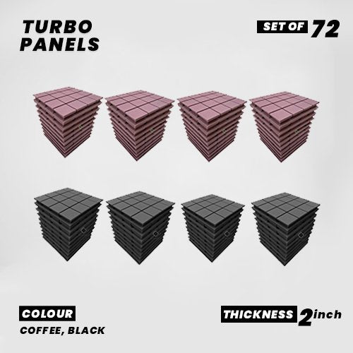 Turbo Panels - Set of 72 | 1 Sqft, 2" Thick | 50 Density Studio Noise Reduction, Echo Absorption | Premium Grade | 3D Structure with Grooves | 36 COFFEE, 36 BLACK