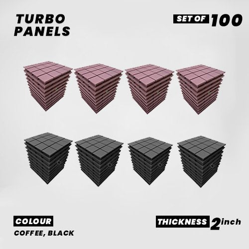 Turbo Panels - Set of 100 | 1 Sqft, 2" Thick | 50 Density Studio Noise Reduction, Echo Absorption | Premium Grade | 3D Structure with Grooves | 50 COFFEE, 50 BLACK