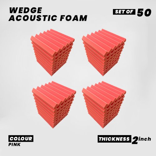 Wedge Panels - Set of 50 | 1 Sqft, 2" Thick | 50 Density Studio Noise Reduction, Echo Absorption | Premium Grade | 3D Structure | PINK