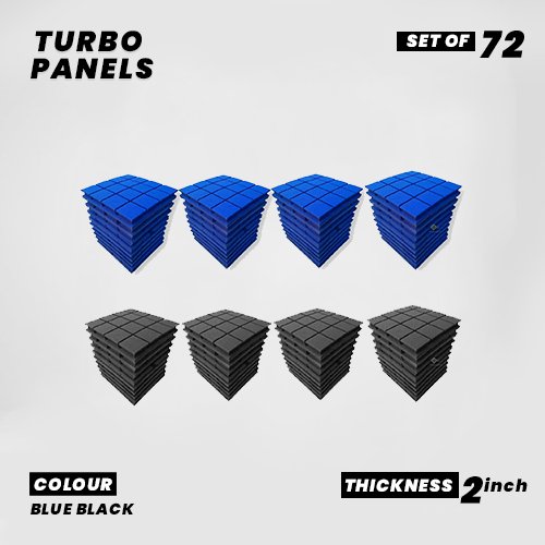 Turbo Panels - Set of 72 | 1 Sqft, 2" Thick | 50 Density Studio Noise Reduction, Echo Absorption | Premium Grade | 3D Structure with Grooves | 36 BLUE, 36 BLACK