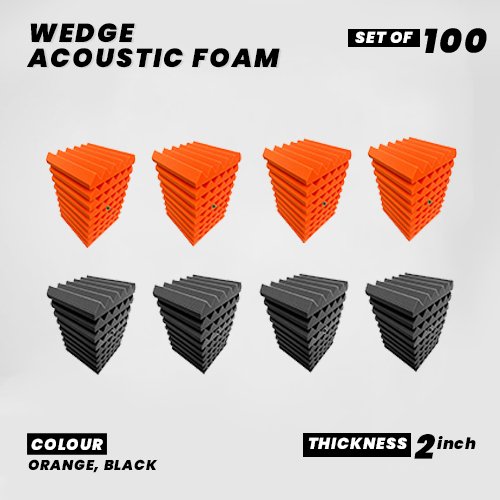 Wedge Panels - Set of 100 | 1 Sqft, 2" Thick | 50 Density Studio Noise Reduction, Echo Absorption | Premium Grade | 3D Structure | 50 ORANGE, 50 BLACK