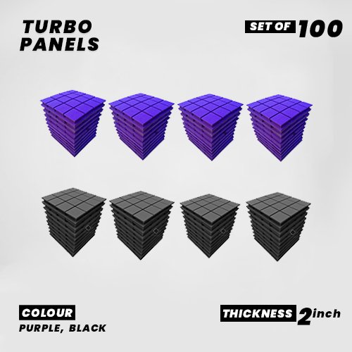 Turbo Panels - Set of 100 | 1 Sqft, 2" Thick | 50 Density Studio Noise Reduction, Echo Absorption | Premium Grade | 3D Structure with Grooves | 50 PURPLE, 50 BLACK
