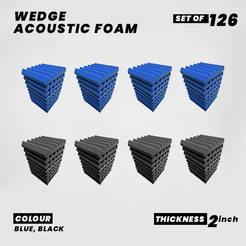 Wedge Panels - Set of 126 | 1 Sqft, 2" Thick | 50 Density Studio Noise Reduction, Echo Absorption | Premium Grade | 3D Structure | 63 BLUE, 63 BLACK