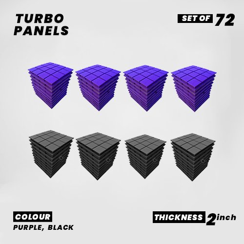 Turbo Panels - Set of 72 | 1 Sqft, 2" Thick | 50 Density Studio Noise Reduction, Echo Absorption | Premium Grade | 3D Structure with Grooves | 36 PURPLE, 36 BLACK