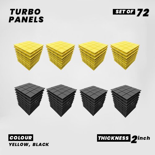 Turbo Panels - Set of 72 | 1 Sqft, 2" Thick | 50 Density Studio Noise Reduction, Echo Absorption | Premium Grade | 3D Structure with Grooves | 36 YELLOW, 36 BLACK