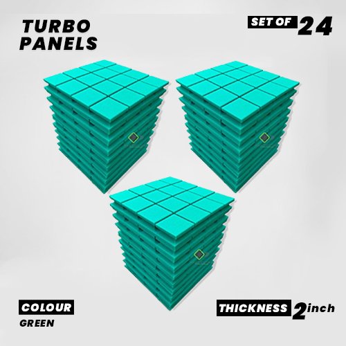Turbo Panels - Set of 24 | 1 Sqft, 2" Thick | 50 Density Studio Noise Reduction, Echo Absorption | Premium Grade | 3D Structure with Grooves | GREEN