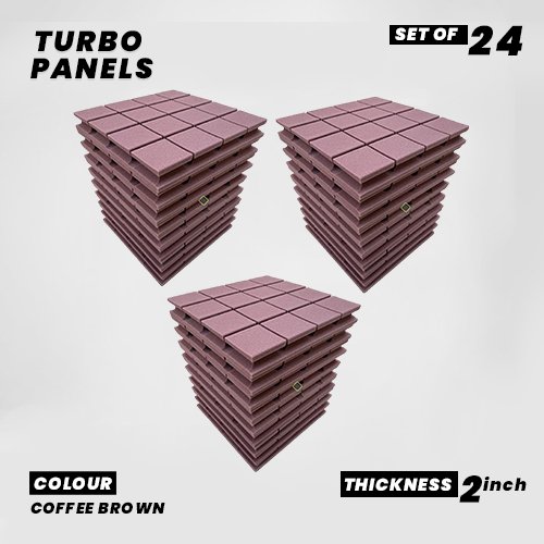 Turbo Panels - Set of 24 | 1 Sqft, 2" Thick | 50 Density Studio Noise Reduction, Echo Absorption | Premium Grade | 3D Structure with Grooves | COFFEE BROWN
