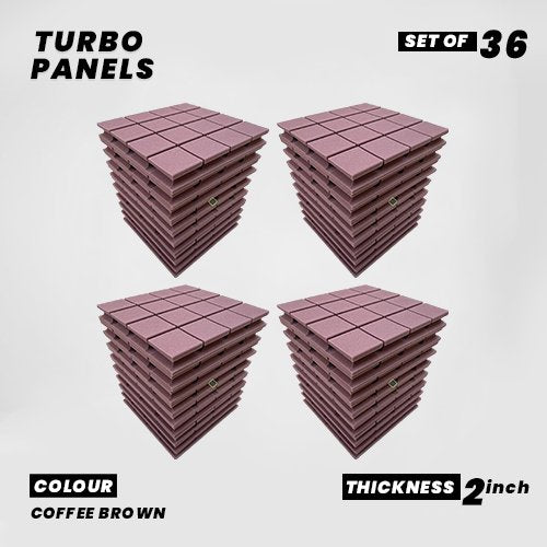 Turbo Panels - Set of 36 | 1 Sqft, 2" Thick | 50 Density Studio Noise Reduction, Echo Absorption | Premium Grade | 3D Structure with Grooves | COFFEE BROWN