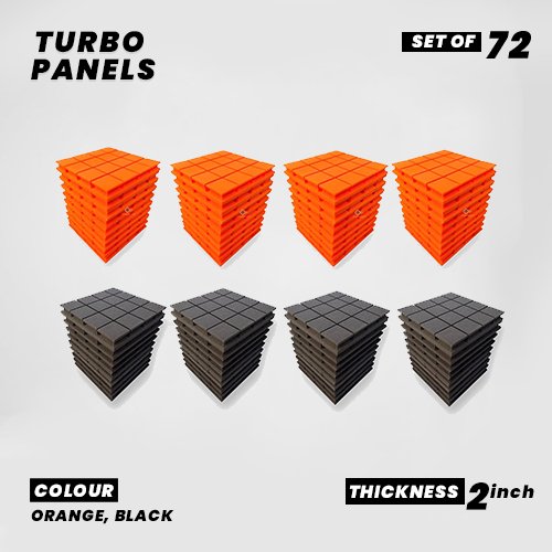 Turbo Panels - Set of 72 | 1 Sqft, 2" Thick | 50 Density Studio Noise Reduction, Echo Absorption | Premium Grade | 3D Structure with Grooves | 36 ORANGE, 36 BLACK