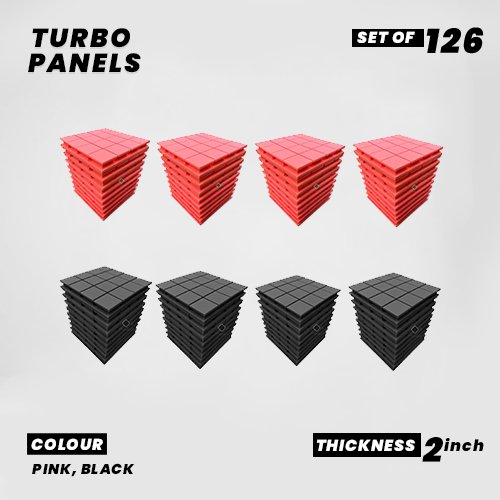 Turbo Panels - Set of 126 | 1 Sqft, 2" Thick | 50 Density Studio Noise Reduction, Echo Absorption | Premium Grade | 3D Structure with Grooves | 63 PINK, 63 BLACK