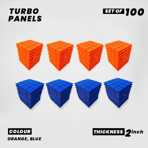 Turbo Panels - Set of 100 | 1 Sqft, 1" Thick | 50 Density Studio Noise Reduction, Echo Absorption | Premium Grade | 3D Structure with Grooves | 50 ORANGE, 50 BLUE