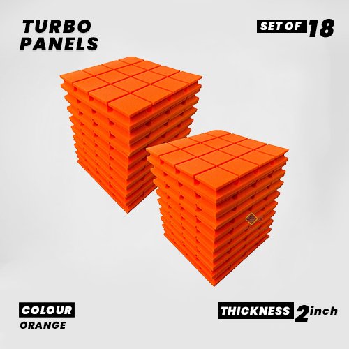 Turbo Panels - Set of 18 | 1 Sqft, 2" Thick | 50 Density Studio Noise Reduction, Echo Absorption | Premium Grade | 3D Structure with Grooves | ORANGE