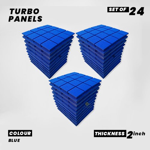 Turbo Panels - Set of 24 | 1 Sqft, 2" Thick | 50 Density Studio Noise Reduction, Echo Absorption | Premium Grade | 3D Structure with Grooves | BLUE