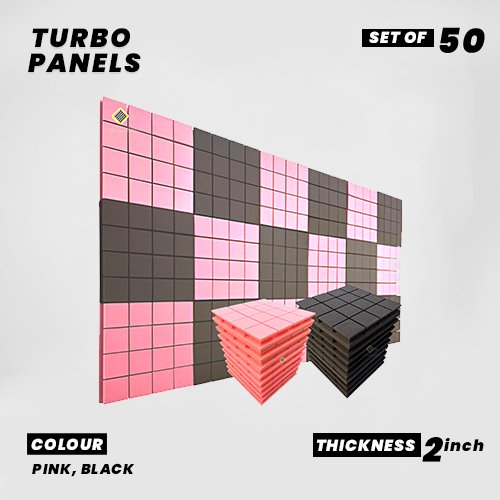 Turbo Panels - Set of 50 | 1 Sqft, 2" Thick | 50 Density Studio Noise Reduction, Echo Absorption | Premium Grade | 3D Structure with Grooves | 25 PINK, 25 BLACK
