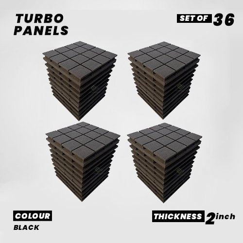 Turbo Panels - Set of 36 | 1 Sqft, 2" Thick | 50 Density Studio Noise Reduction, Echo Absorption | Premium Grade | 3D Structure with Grooves | BLACK