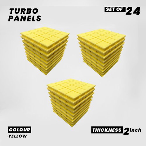 Turbo Panels - Set of 24 | 1 Sqft, 2" Thick | 50 Density Studio Noise Reduction, Echo Absorption | Premium Grade | 3D Structure with Grooves | YELLOW