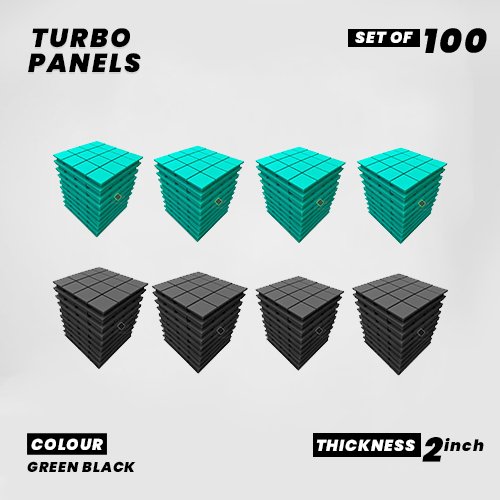 Turbo Panels - Set of 100 | 1 Sqft, 2" Thick | 50 Density Studio Noise Reduction, Echo Absorption | Premium Grade | 3D Structure with Grooves | 50 GREEN, 50 BLACK