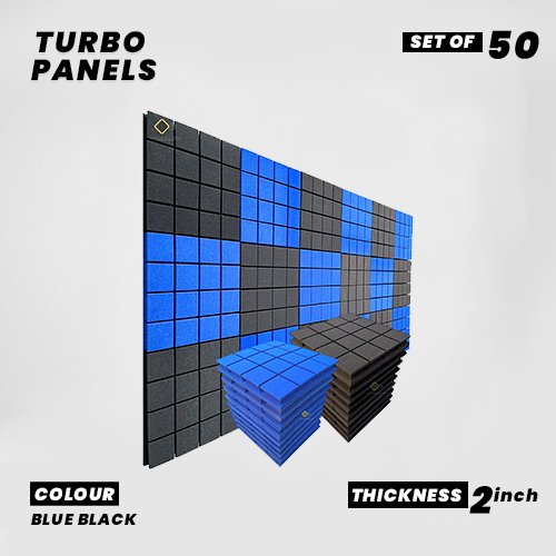 Turbo Panels - Set of 50 | 1 Sqft, 2" Thick | 50 Density Studio Noise Reduction, Echo Absorption | Premium Grade | 3D Structure with Grooves | 25 BLUE, 25 BLACK