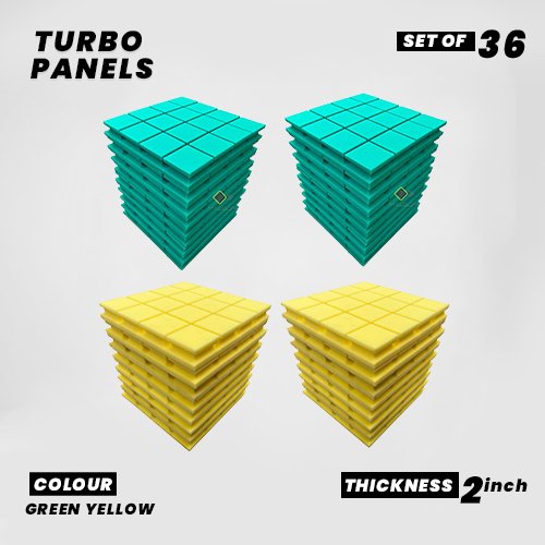 Turbo Panels - Set of 36 | 1 Sqft, 2" Thick | 50 Density Studio Noise Reduction, Echo Absorption | Premium Grade | 3D Structure with Grooves | 18 GREEN 18 YELLOW