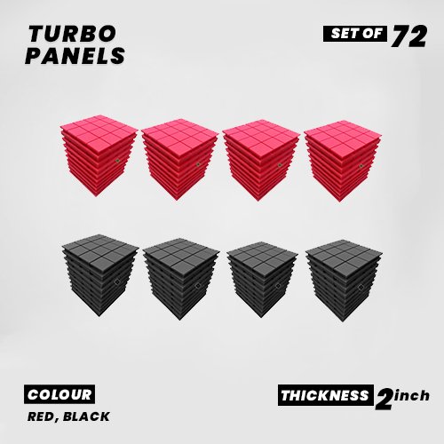 Turbo Panels - Set of 72 | 1 Sqft, 2" Thick | 50 Density Studio Noise Reduction, Echo Absorption | Premium Grade | 3D Structure with Grooves | 36 RED, 36 BLACK
