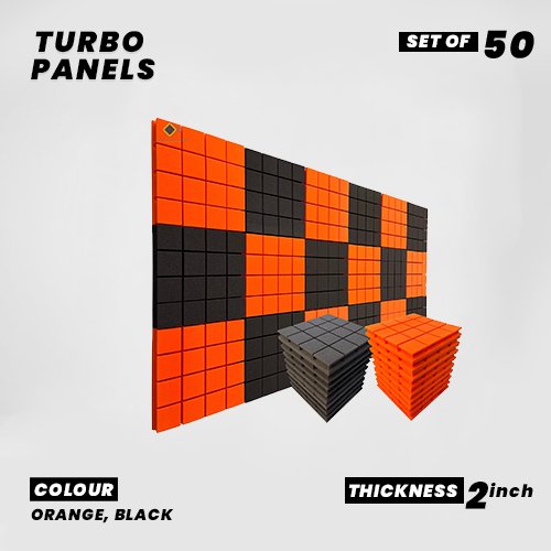Turbo Panels - Set of 50 | 1 Sqft, 2" Thick | 50 Density Studio Noise Reduction, Echo Absorption | Premium Grade | 3D Structure with Grooves | 25 ORANGE, 25 BLACK