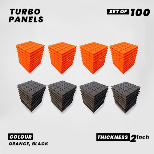 Turbo Panels - Set of 100 | 1 Sqft, 2" Thick | 50 Density Studio Noise Reduction, Echo Absorption | Premium Grade | 3D Structure with Grooves | 50 ORANGE, 50 BLACK
