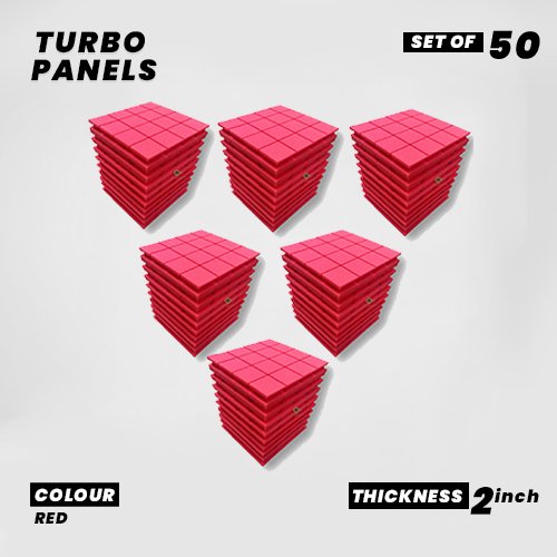 Turbo Panels - Set of 50 | 1 Sqft, 2" Thick | 50 Density Studio Noise Reduction, Echo Absorption | Premium Grade | 3D Structure with Grooves | RED