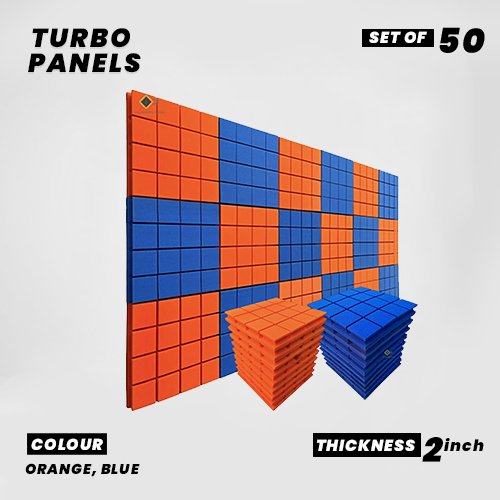 Turbo Panels - Set of 50 | 1 Sqft, 1" Thick | 50 Density Studio Noise Reduction, Echo Absorption | Premium Grade | 3D Structure with Grooves | 25 ORANGE, 25 BLUE