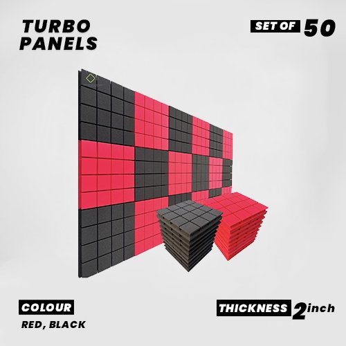 Turbo Panels - Set of 50 | 1 Sqft, 2" Thick | 50 Density Studio Noise Reduction, Echo Absorption | Premium Grade | 3D Structure with Grooves | 25 RED, 25 BLACK