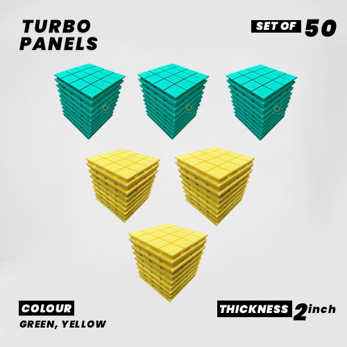 Turbo Panels - Set of 50 | 1 Sqft, 2" Thick | 50 Density Studio Noise Reduction, Echo Absorption | Premium Grade | 3D Structure with Grooves | 25 GREEN, 25 YELLOW