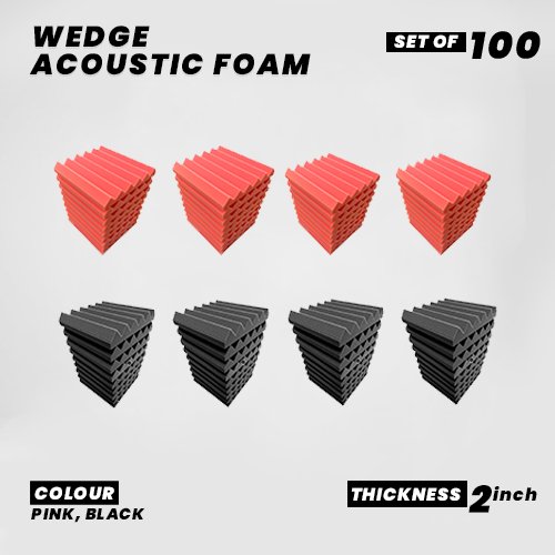 Wedge Panels - Set of 100 | 1 Sqft, 2" Thick | 50 Density Studio Noise Reduction, Echo Absorption | Premium Grade | 3D Structure | 50 PINK, 50 BLACK