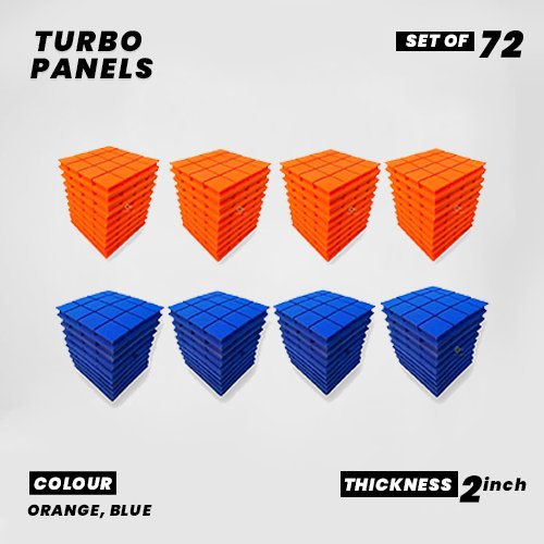 Turbo Panels - Set of 72 | 1 Sqft, 1" Thick | 50 Density Studio Noise Reduction, Echo Absorption | Premium Grade | 3D Structure with Grooves | 36 ORANGE, 36 BLUE